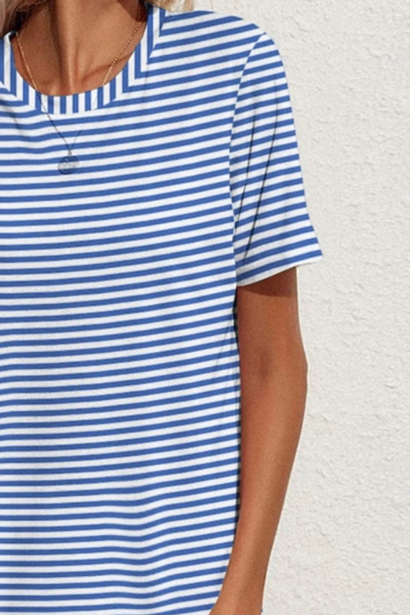 Pocketed Striped Round Neck Short Sleeve Dress - CELIVINE