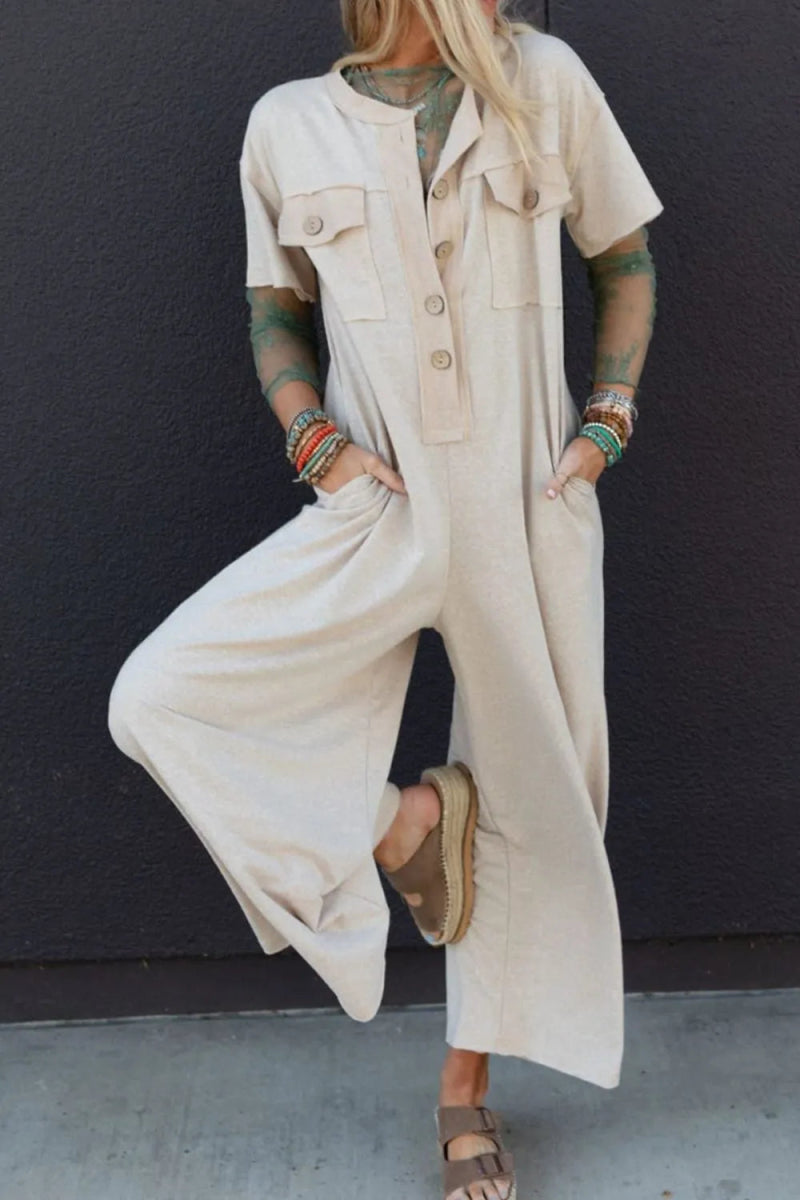 Pocket Front Short Sleeve Wide Leg Jumpsuit - CELIVINE