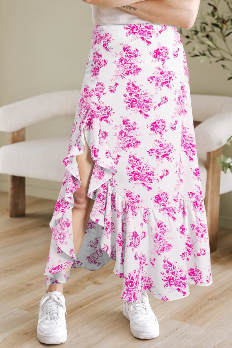 Boho Floral High Waist Ruffle Split Maxi Skirt - CELIVINE