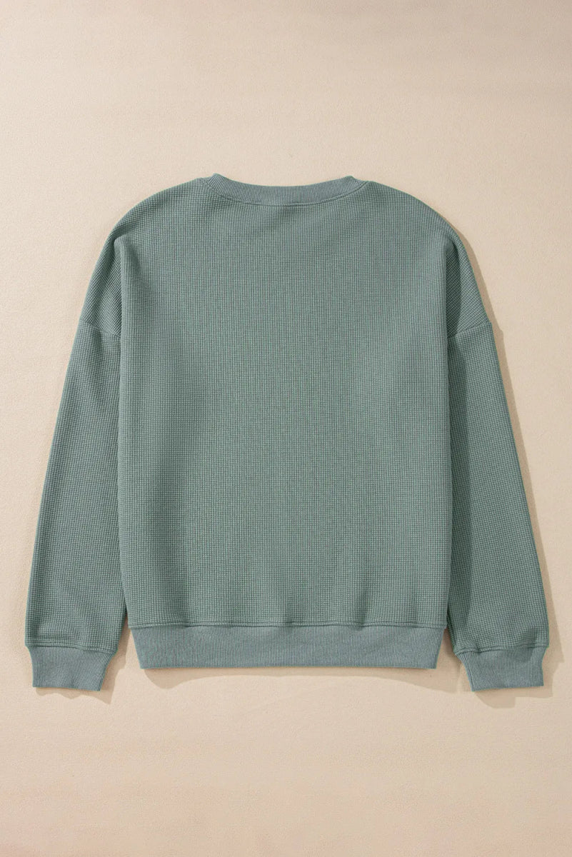 Waffle - Knit Long Sleeve Dropped Shoulder Top - CELIVINE