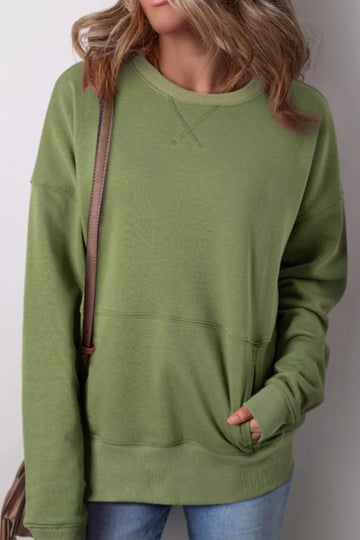 Solid Color Round Neck Long Sleeve Sweatshirt - CELIVINE