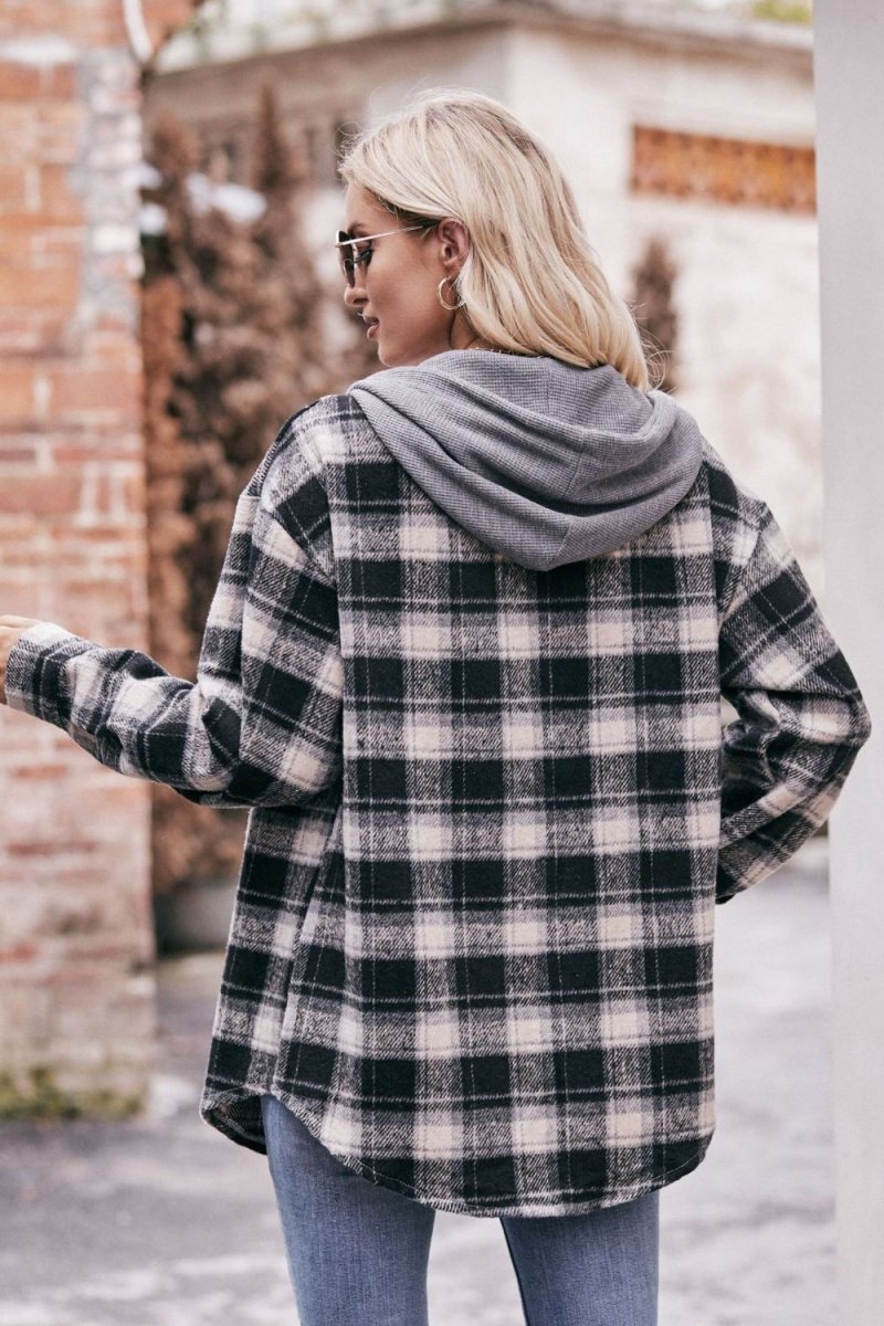 Mandy Plaid Dropped Shoulder Hooded Longline Jacket - CELIVINE
