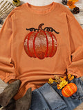 Halloween Sequined Pumpkin Ribbed Round Neck Sweatshirt - CELIVINE