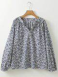 Floral Print Notched Long Sleeve Blouse - CELIVINE