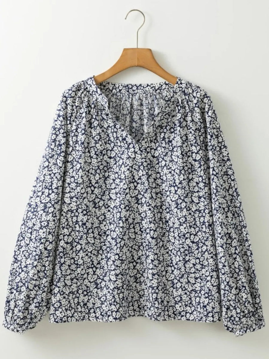 Floral Print Notched Long Sleeve Blouse - CELIVINE