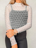 Sheer Mesh Patterned Lettuce Trim Slim Long Sleeve Top - CELIVINE