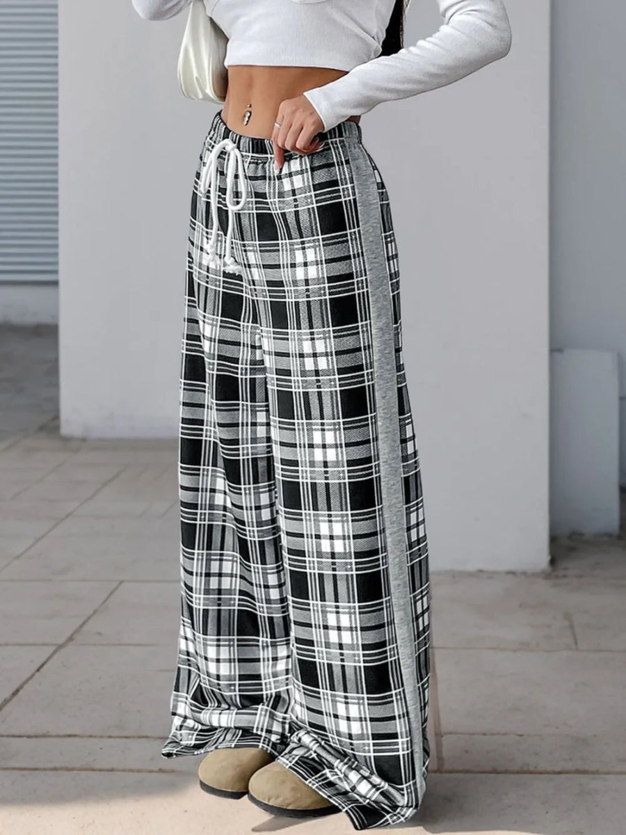 Perfee Drawstring Plaid Wide Leg Pants - CELIVINE
