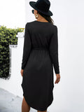 Drawstring Waist Long Sleeve Casual Dress - CELIVINE