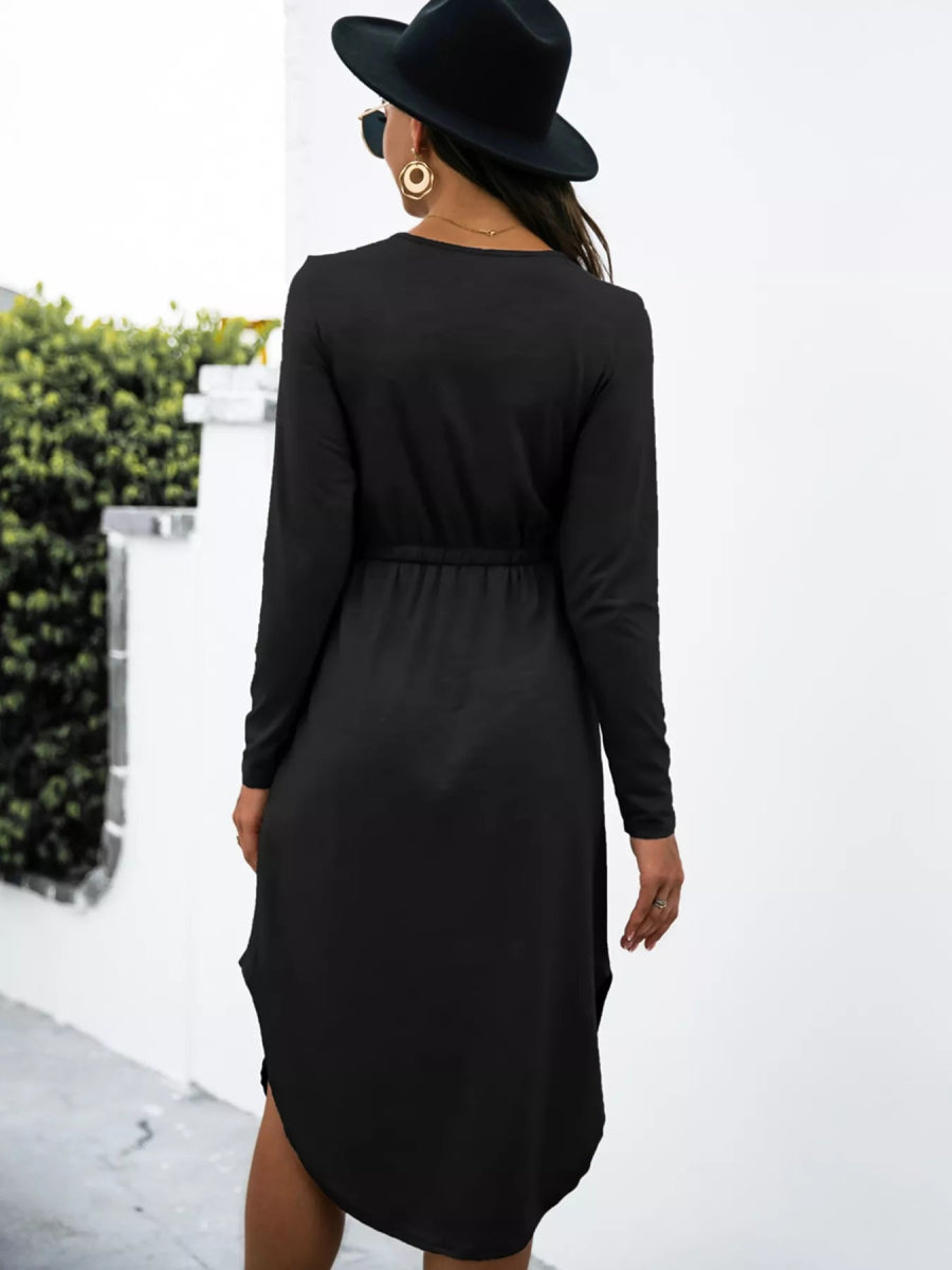 Drawstring Waist Long Sleeve Casual Dress - CELIVINE