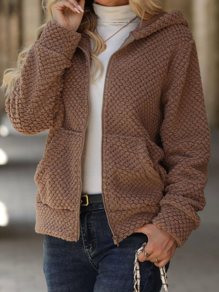 Textured Knit Zip - Up Hooded Outerwear - CELIVINE