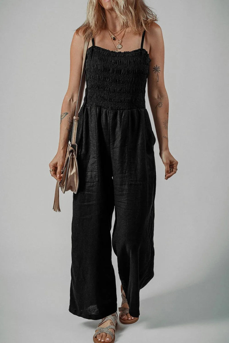 Smocked Spaghetti Straps Wide Leg Jumpsuit - CELIVINE