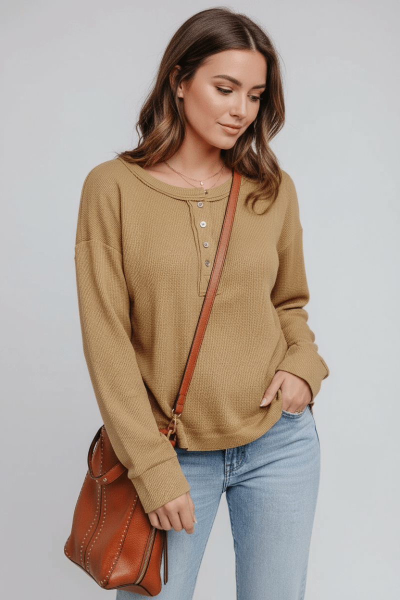 Waffle - Knit Half Button Round Neck Long Sleeve Top - CELIVINE