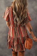 Bohemian Floral Print Buttoned V Neck Ruffle Tiered Dress - CELIVINE