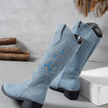 Embroidered Point Toe Block Heels Boots - CELIVINE