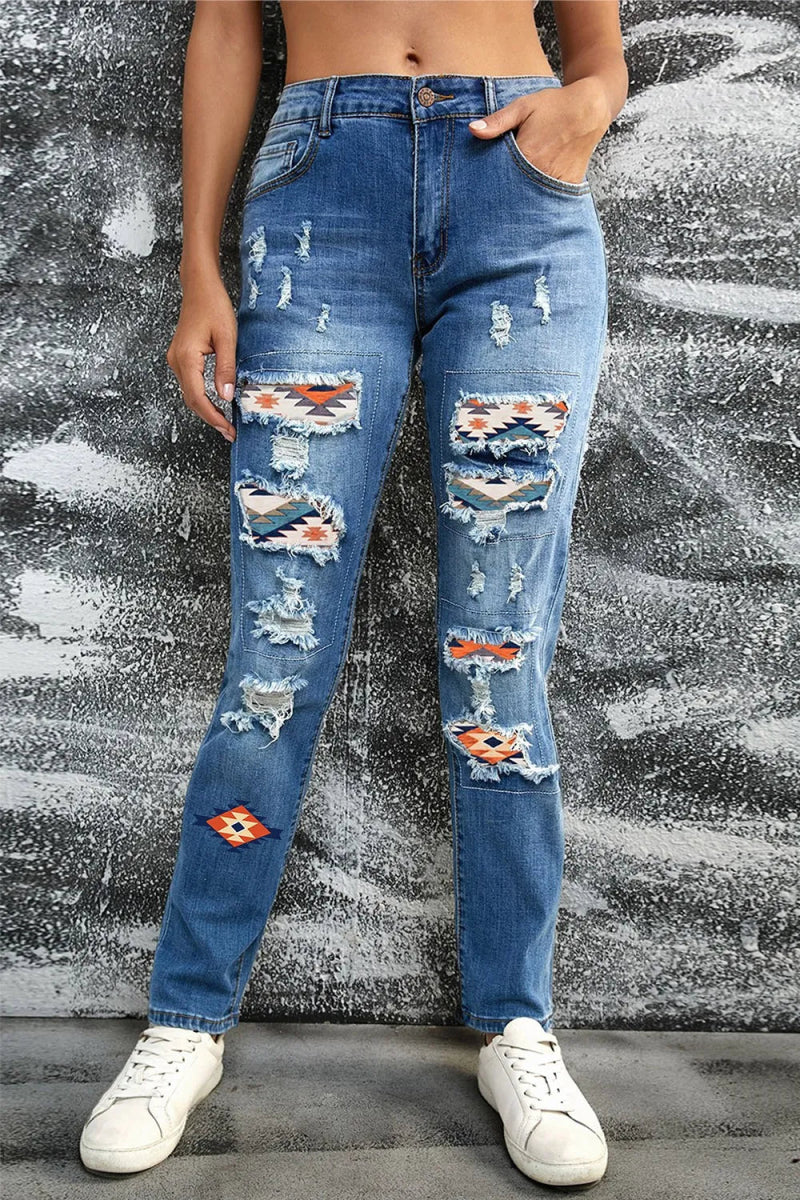 Distressed Straight Jeans with Pockets - CELIVINE