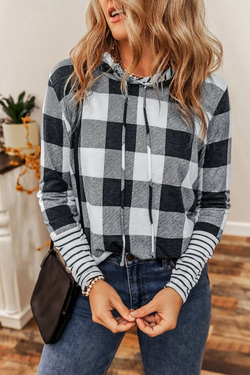 Plaid Drawstring Long Sleeve Hoodie - CELIVINE