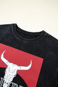 Western HOWDY Steer Head Print Side Slits Loose Fit T Shirt - CELIVINE