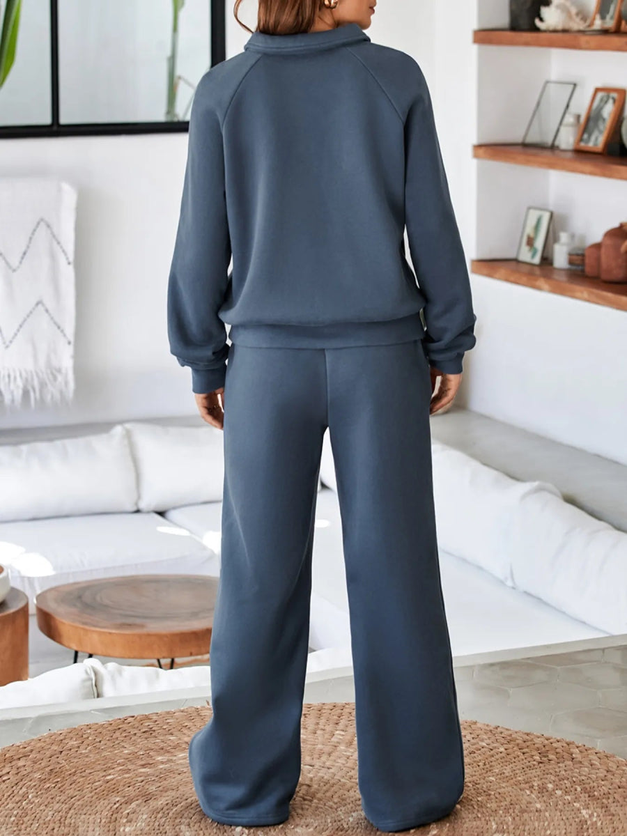Collared Sweatshirt and High Waist Pants Active Set - CELIVINE