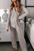 Leopard Button Down Long Sleeve Top and Pants Lounge Set - CELIVINE