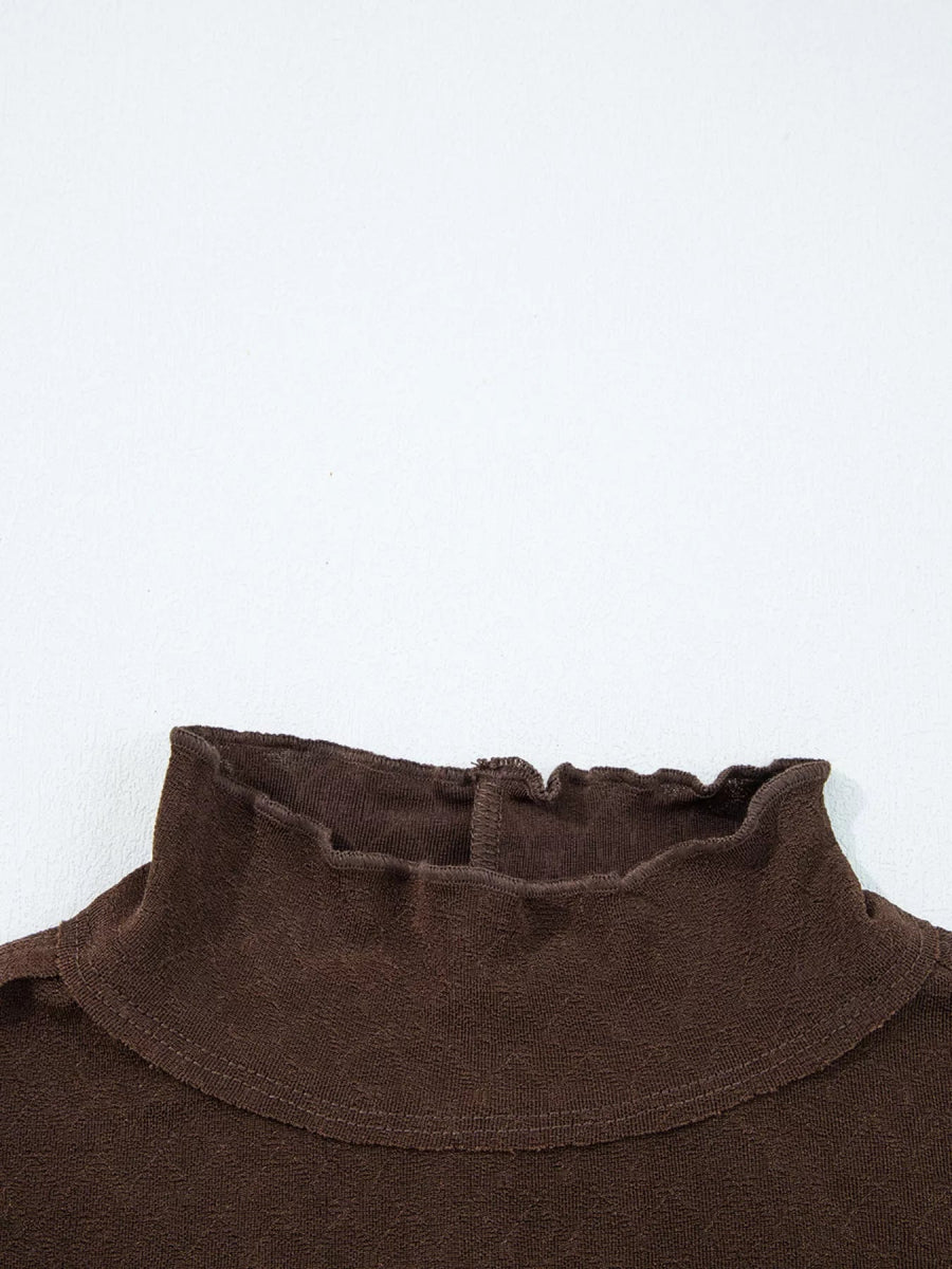 Lettuce Trim Raw Seam Patchwork Jacquard Long Sleeve Top - CELIVINE