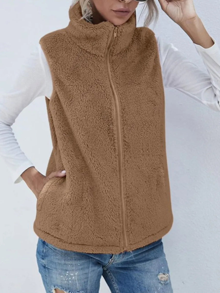 Full Size Fuzzy Zip Up Vest Coat with Pockets - CELIVINE