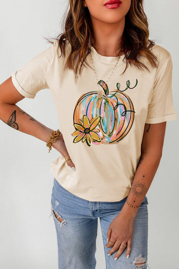 Pumpkin Graphic Round Neck T-Shirt - CELIVINE