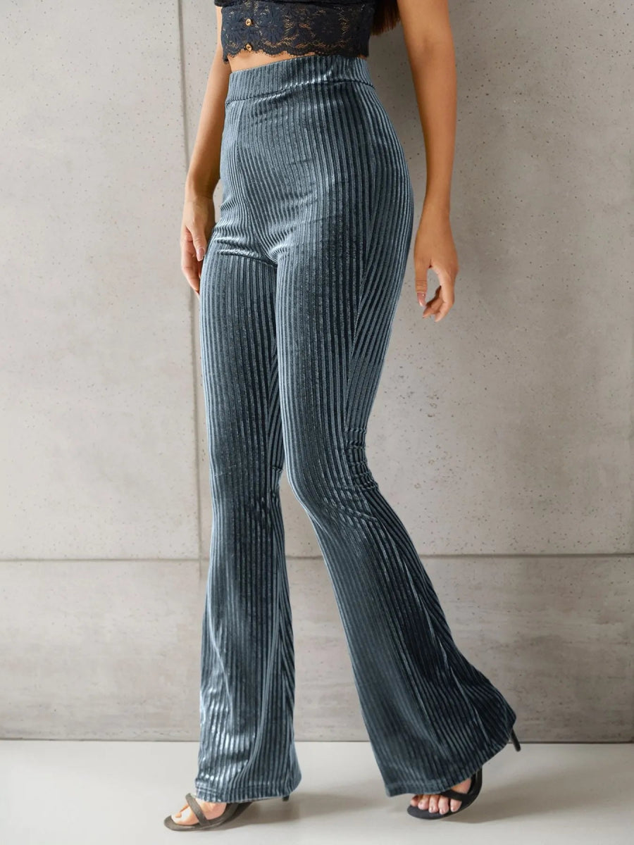 High - Waisted Ribbed Velvet Flare Pants - CELIVINE