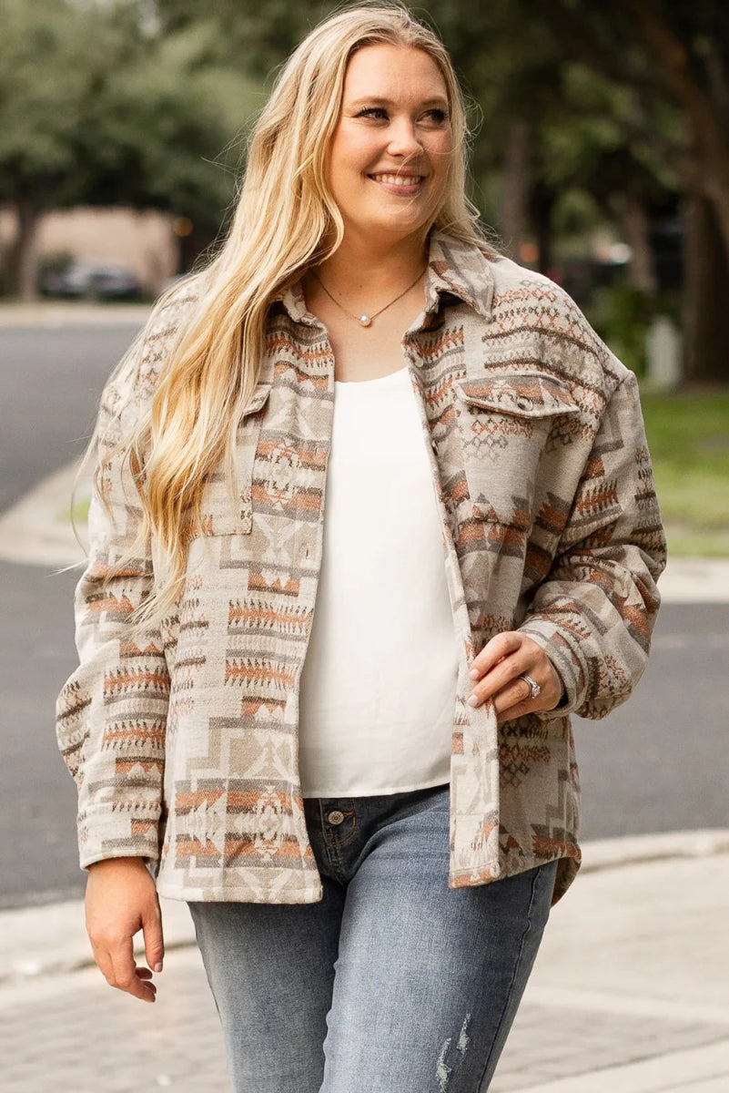 Plus Size Geometric Collared Neck Long Sleeve Jacket - CELIVINE