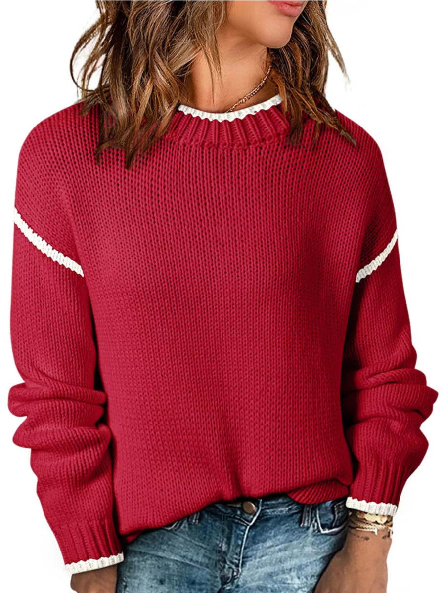 Contrast Trim Long Sleeve Sweater - CELIVINE
