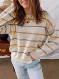 Striped Round Neck Drop Shoulder Sweater - CELIVINE