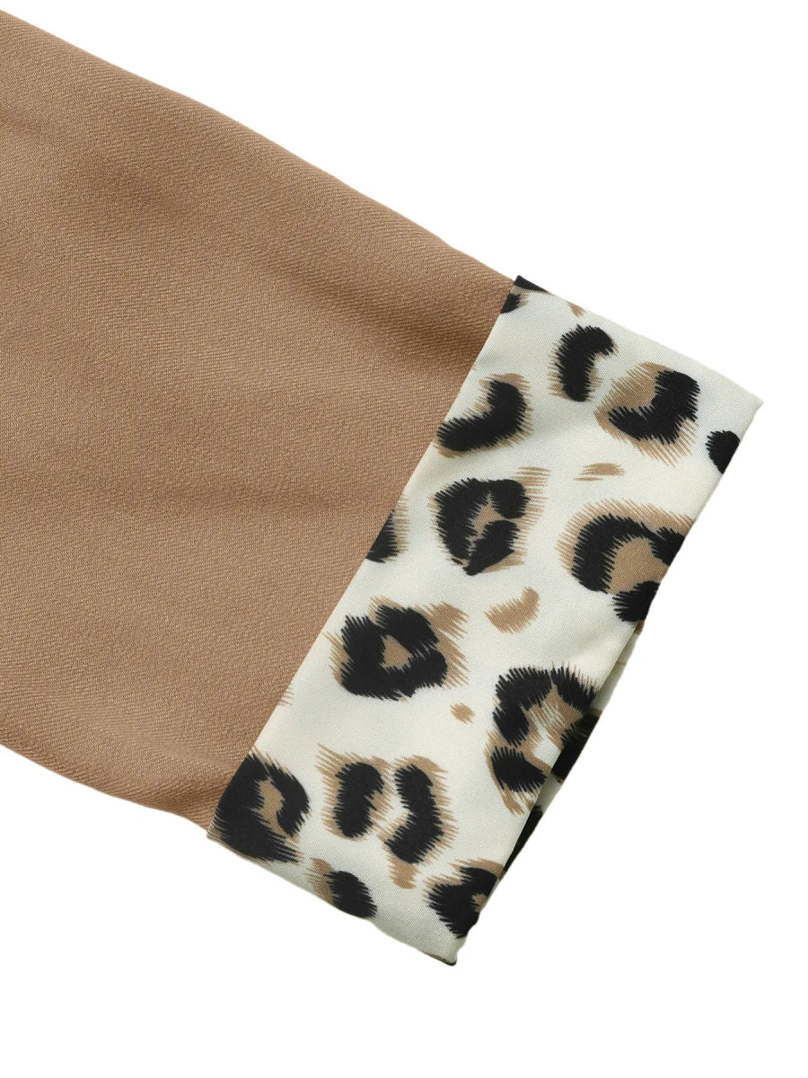 Lapel Collar Leopard Cuff Long Sleeve Blazer - CELIVINE