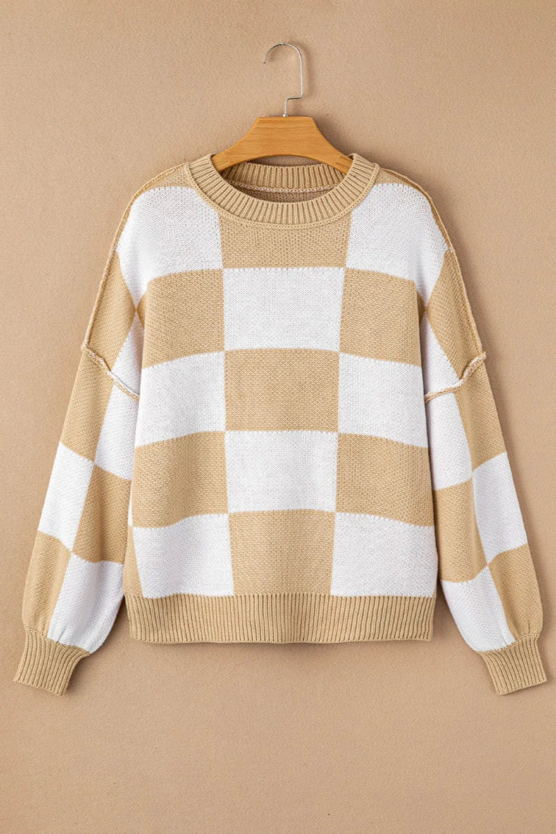 Checkered Exposed Seam Drooped Shoulder Sweater - CELIVINE