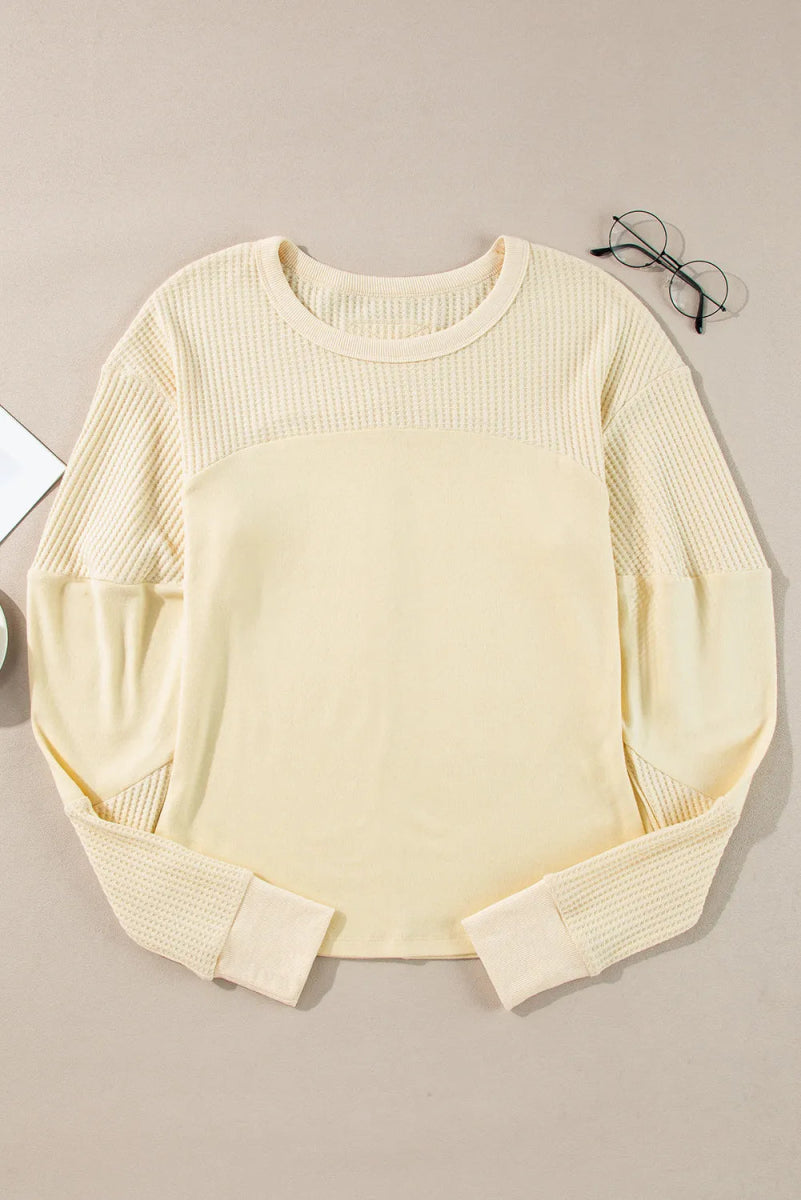 Waffle - Knit Round Neck Long Sleeve Top - CELIVINE