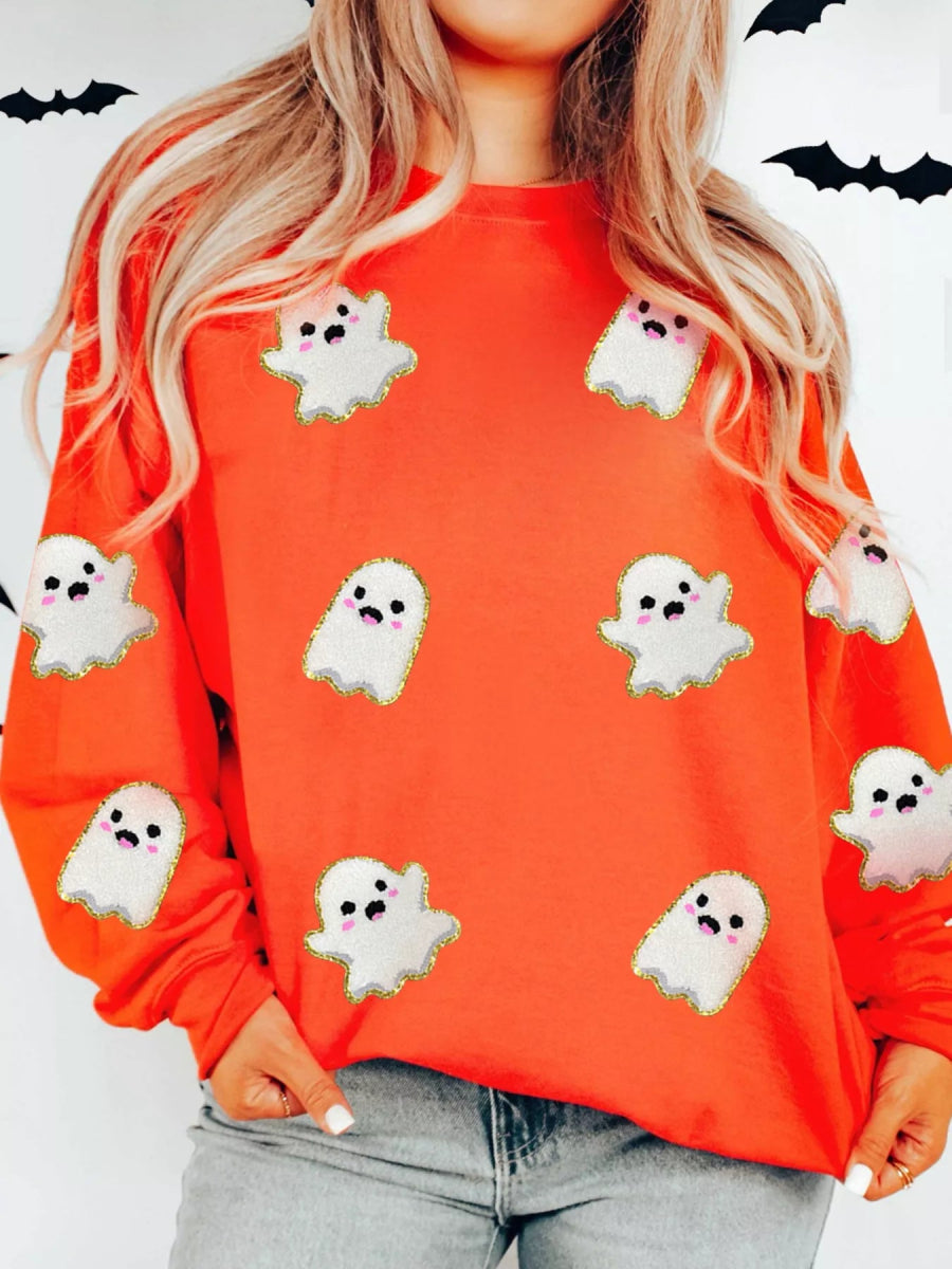 Halloween Ghost Patched Pattern Holiday Sweatshirt - CELIVINE