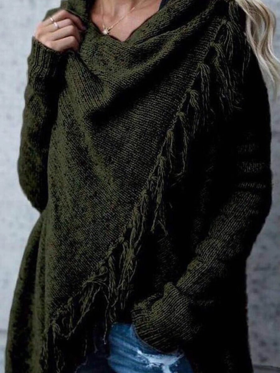Fringe Long Sleeve Wrap Cardigan - CELIVINE