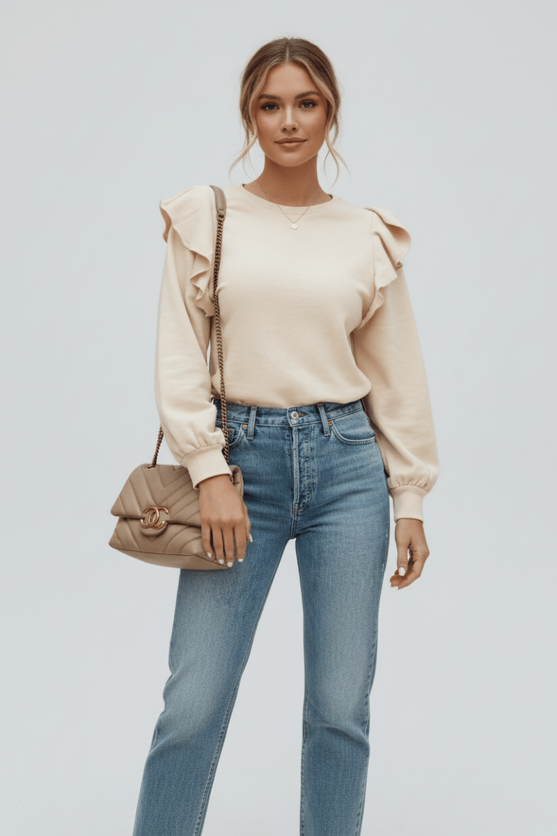 Ruffled Round Neck Long Sleeve Blouse - CELIVINE
