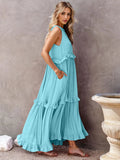 Ruffled Sleeveless Tiered Maxi Dress with Pockets - CELIVINE