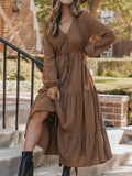 V - Neck Balloon Sleeve Tiered Dress - CELIVINE