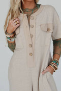 Pocket Front Short Sleeve Wide Leg Jumpsuit - CELIVINE