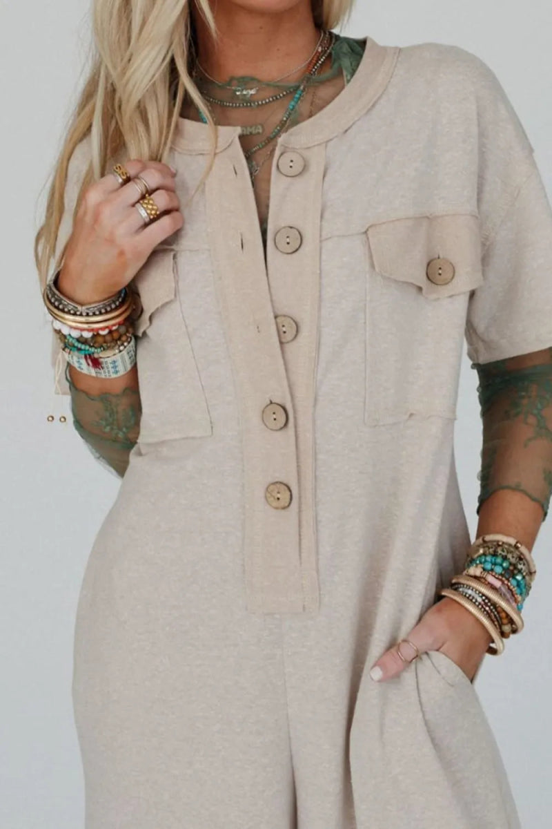 Pocket Front Short Sleeve Wide Leg Jumpsuit - CELIVINE