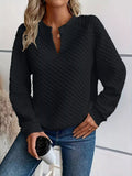 Quilted Texture Long Sleeve Sweatshirt with Notched Neck - CELIVINE