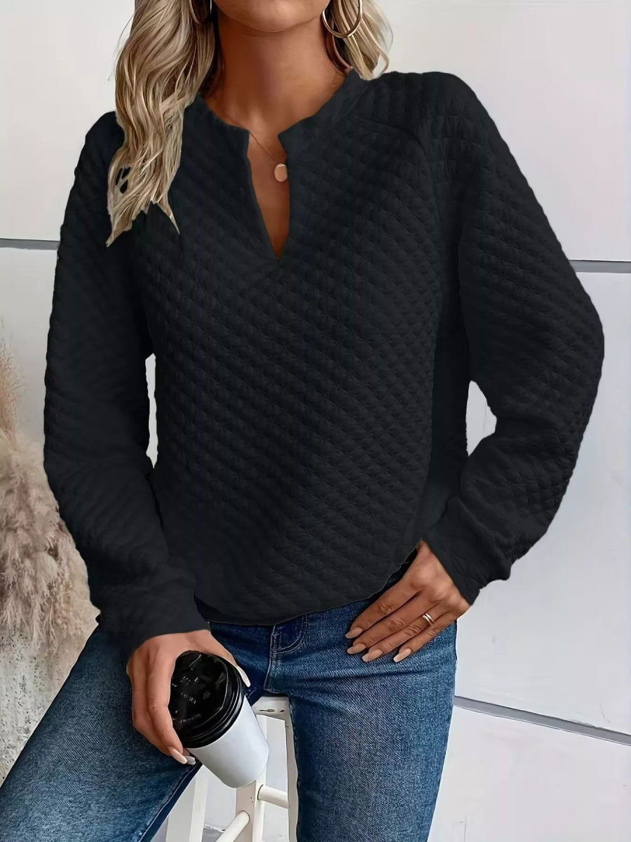 Quilted Texture Long Sleeve Sweatshirt with Notched Neck - CELIVINE