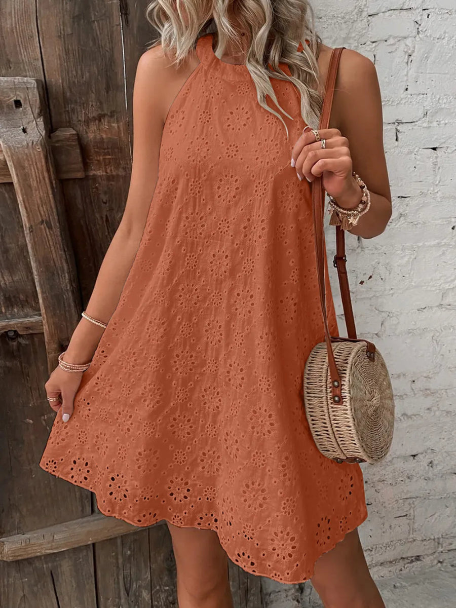 Eyelet Grecian Neck Mini Dress - CELIVINE
