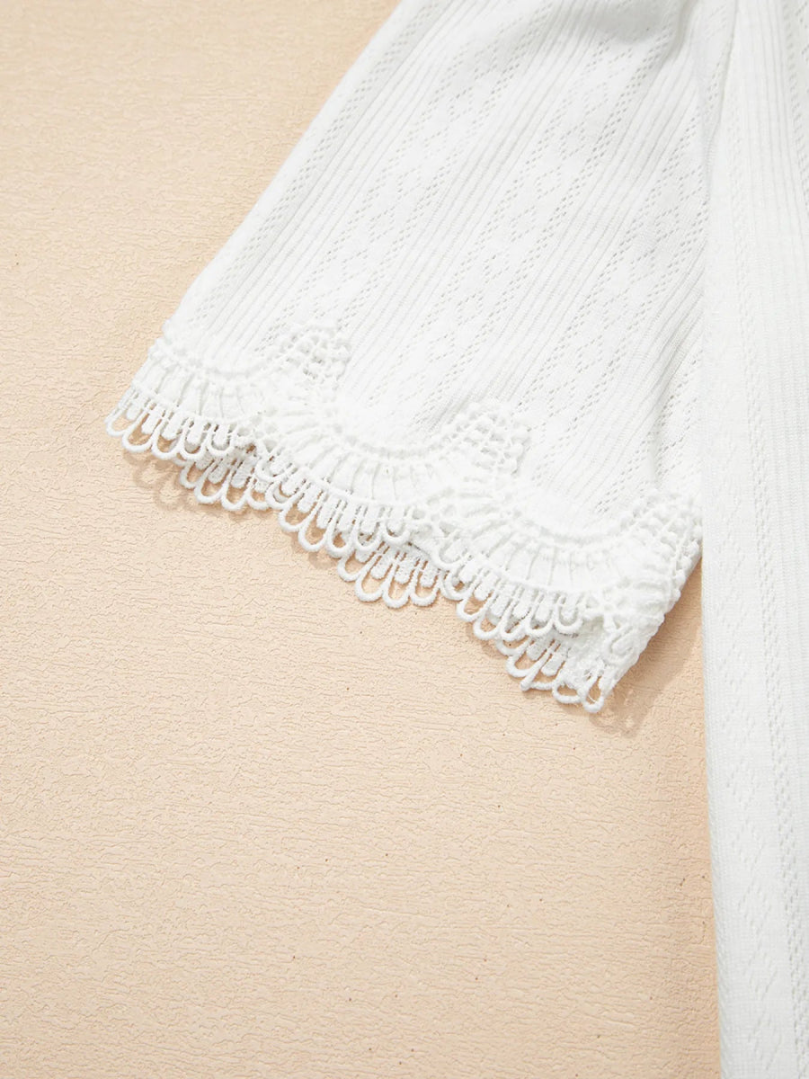 Scalloped Lace Trim Jacquard Textured T Shirt - CELIVINE