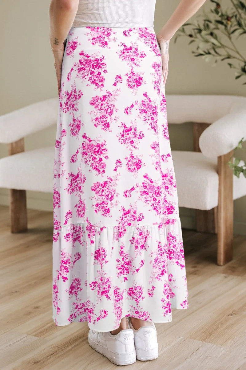 Boho Floral High Waist Ruffle Split Maxi Skirt - CELIVINE
