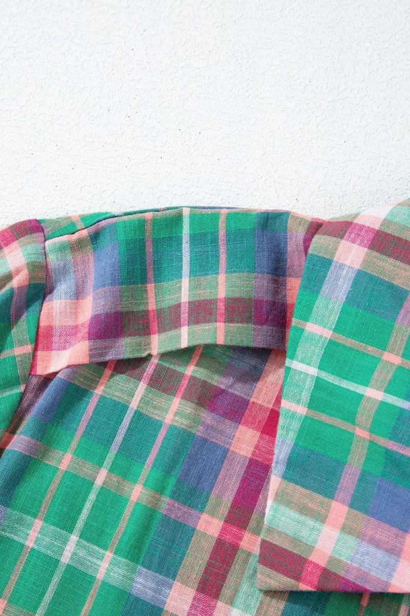 Plaid Collared Neck Three - Quarter Sleeve Shirt - CELIVINE