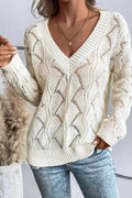 Openwork V - Neck Long Sleeve Sweater - CELIVINE
