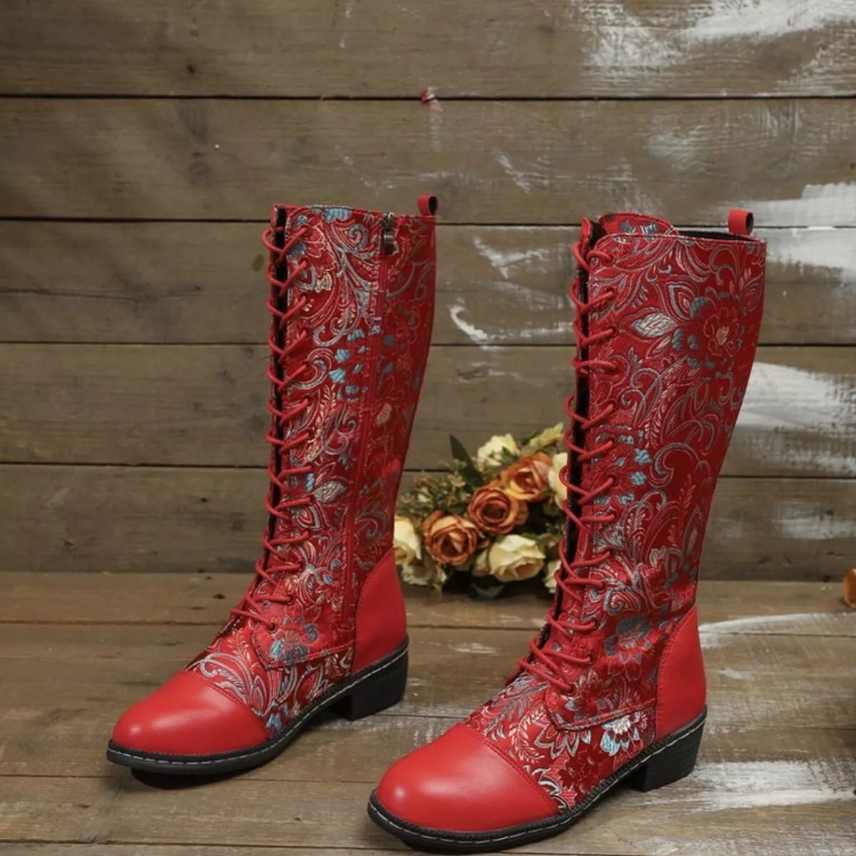 Lace Up Block Heels Boots - CELIVINE