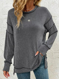 Side Slit Round Neck Dropped Shoulder Sweatshirt - CELIVINE