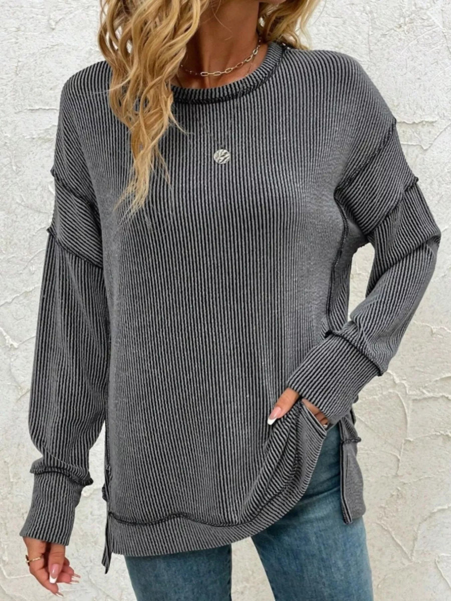 Side Slit Round Neck Dropped Shoulder Sweatshirt - CELIVINE